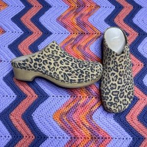 Dansko Brenda Leopard print suede block heel slip on clogs